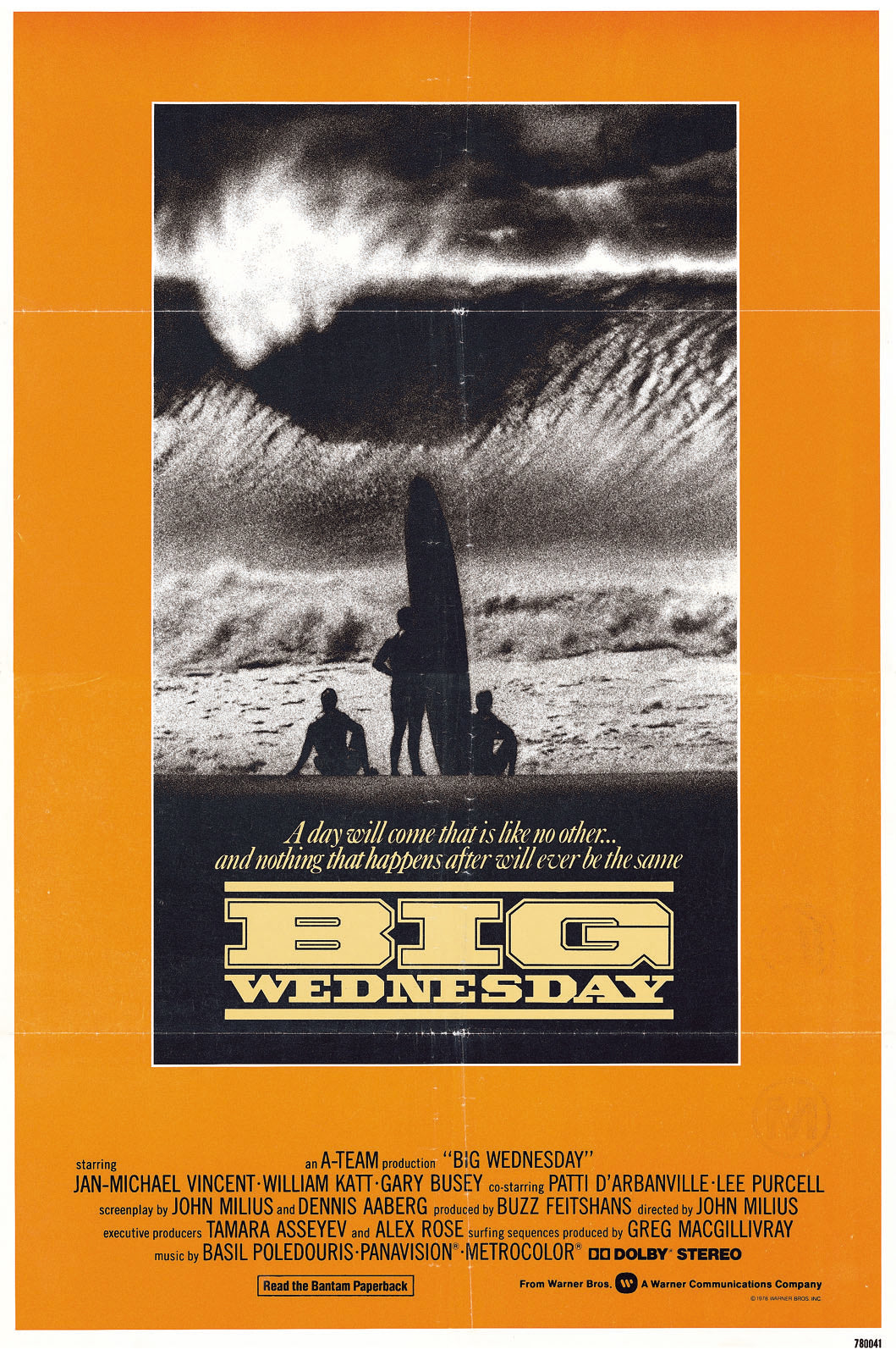 Big Wednesday. 1978.  Much sought after cult movie by John Milius and this is the hard-to-find U.S. one-sheet poster. It has some areas of fading and several creases along the fold lines but still presents well.  The asking price reflects these flaws.  Approx 700mm x 1000mm. (not poster shown)