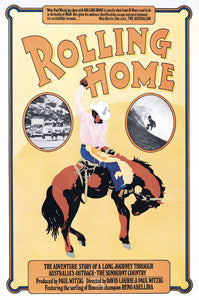 David Lourie and Paul Witzig's surf and travel doco. Rolling Home was not a core surf movie so it's obscure, as is this original poster.  Art design by Ian McCausland, who also designed the Australian Rolling Stones tour poster for 1972 and went on to be art director for Mushroom Records.  There are several tears and creases along the margins of this poster, but they do not interfere with the art work and when framed would be hidden by mount board.  680mm x 1000.